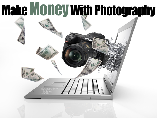 laptop with camera and dollar bills bursting from the screen with text make money with photography