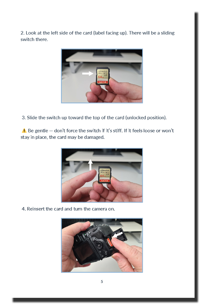 a page from the book The SD Card Survival Guide, showing steps for an SD card error fix